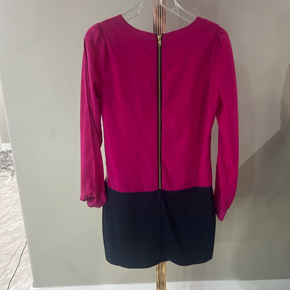 Gianni Bini Pink White Navy Colorblock V-Neck Long Sleeve Dress Size 9 - Picture 5 of 8